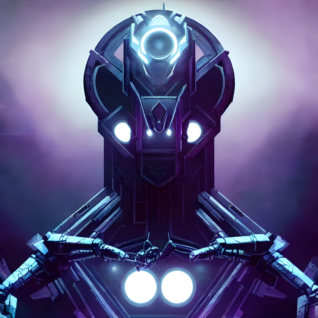 Glowing blue lights on towering robotic figure against misty purple backdrop