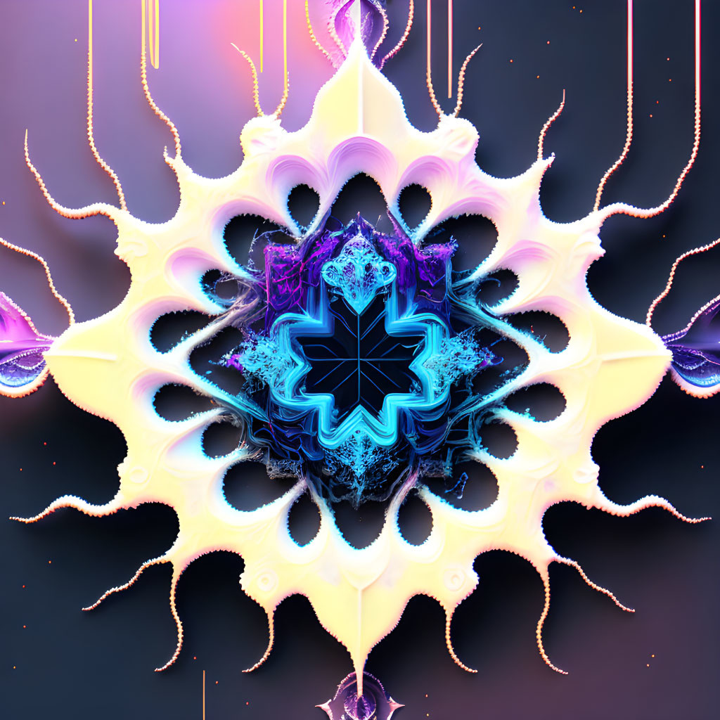 Symmetrical neon fractal design in yellow, purple, and blue