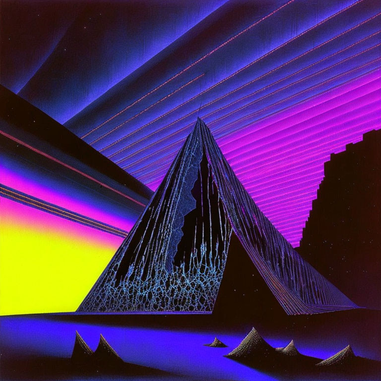 Colorful 1980s Sci-Fi Pyramid Illustration