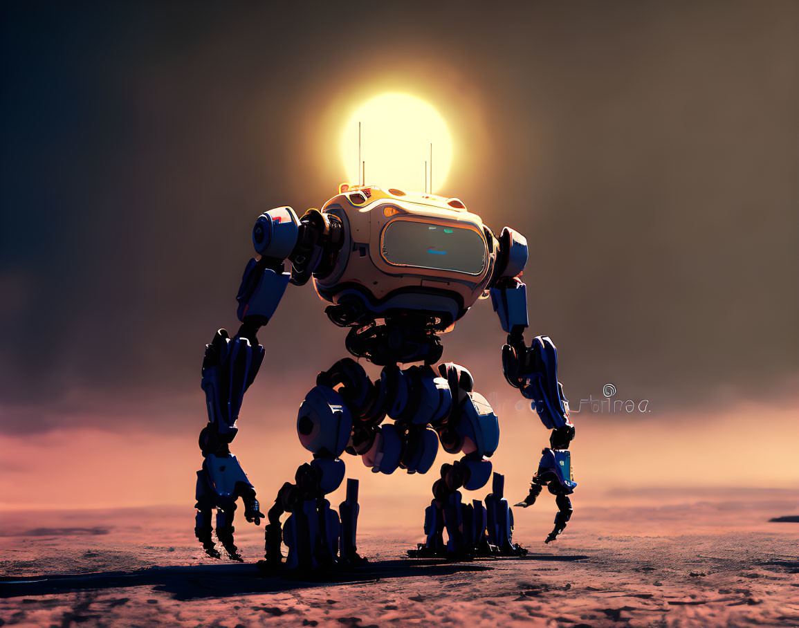 Futuristic robot with multiple limbs on barren landscape at sunrise or sunset