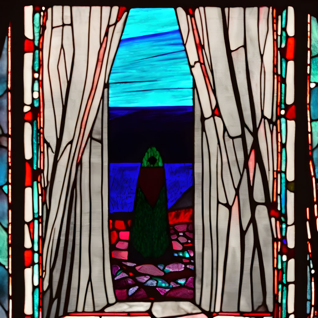 Vibrant stained glass window with scenic landscape view