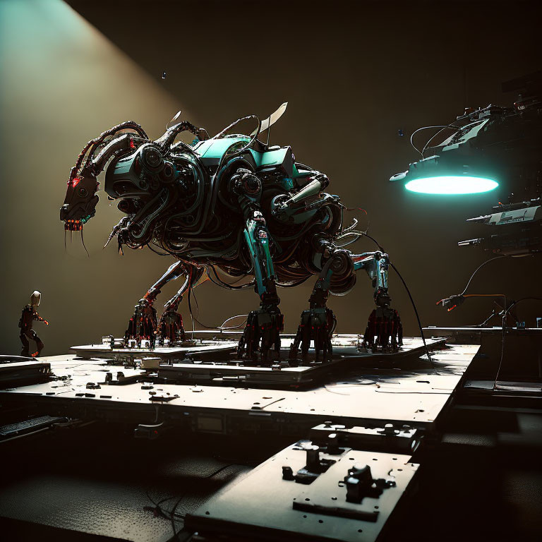 Intricate mechanical creature with multiple legs in dimly lit hangar