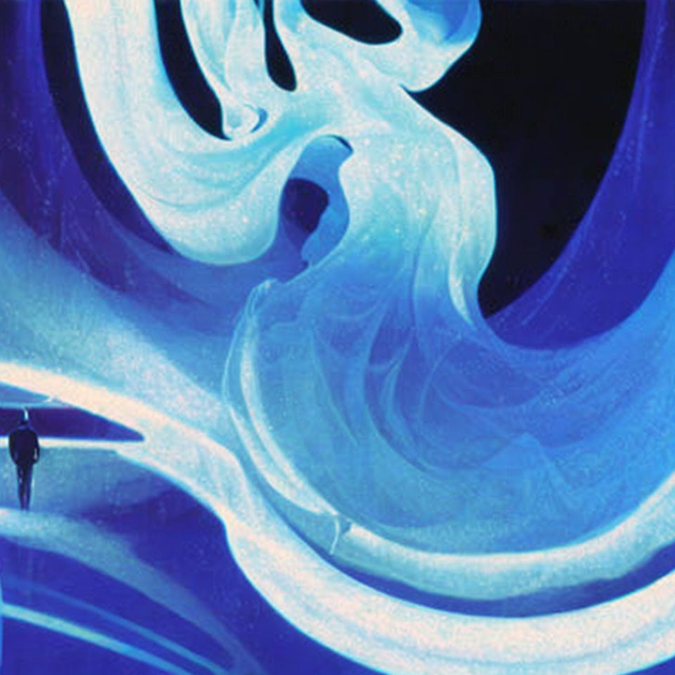 Abstract blue form creates luminous energy wave.