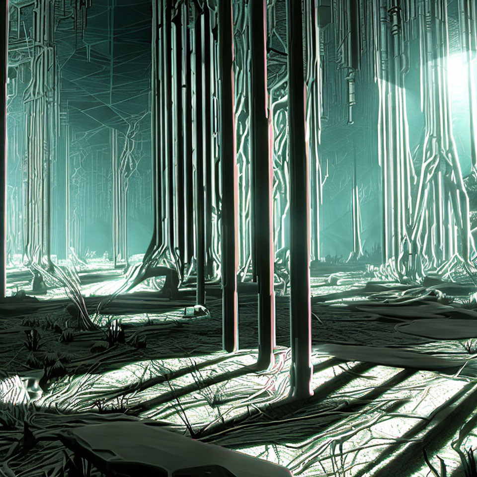 Futuristic forest with glowing lines and neon color palette featuring tall slender trees and intricate root network.