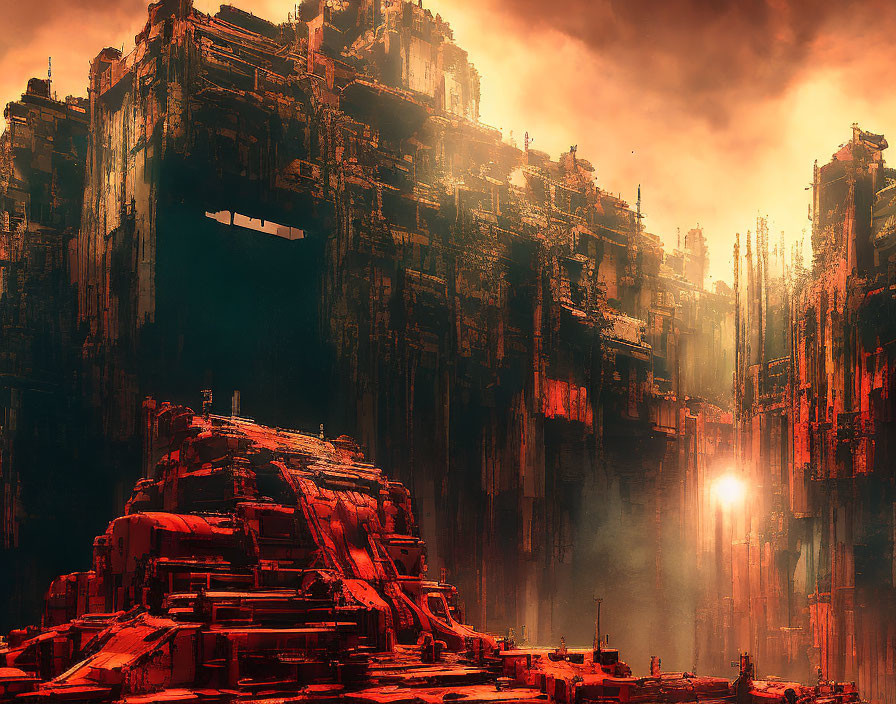 Dystopian landscape with towering, dilapidated structures under a reddish-orange sky