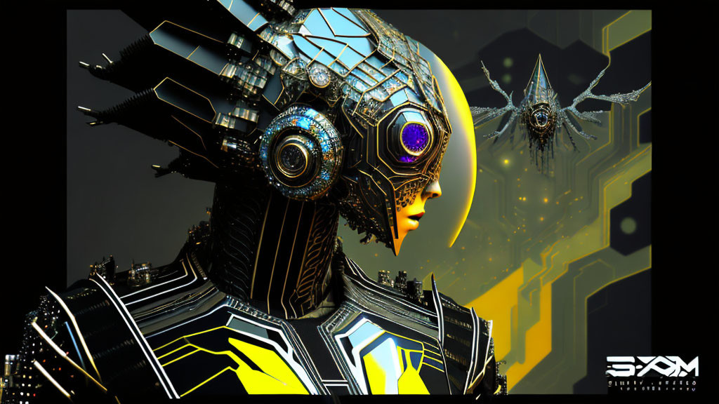 Futuristic female cyborg with glowing yellow circuit patterns on dark background