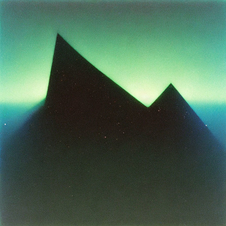 Geometric shapes resembling mountains under green and black gradient sky