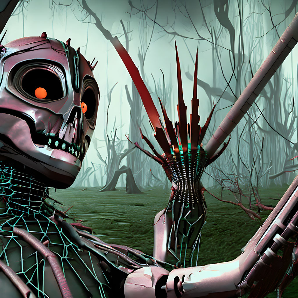 Robotic skeleton with glowing eyes in spooky forest