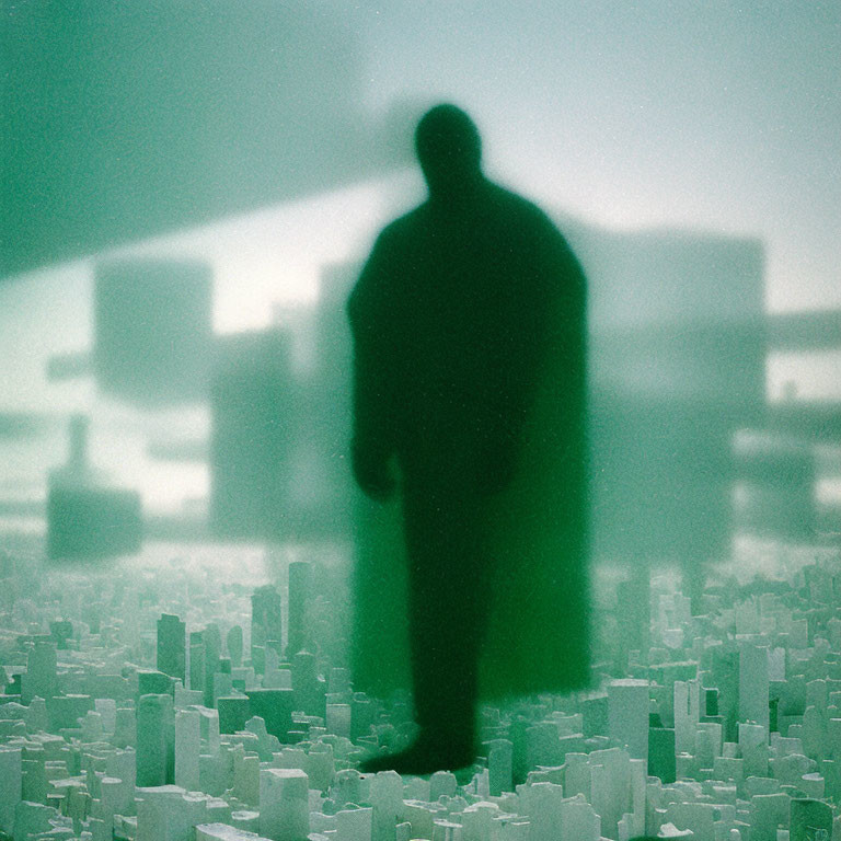 Solitary figure in blurred cityscape conveys urban vastness