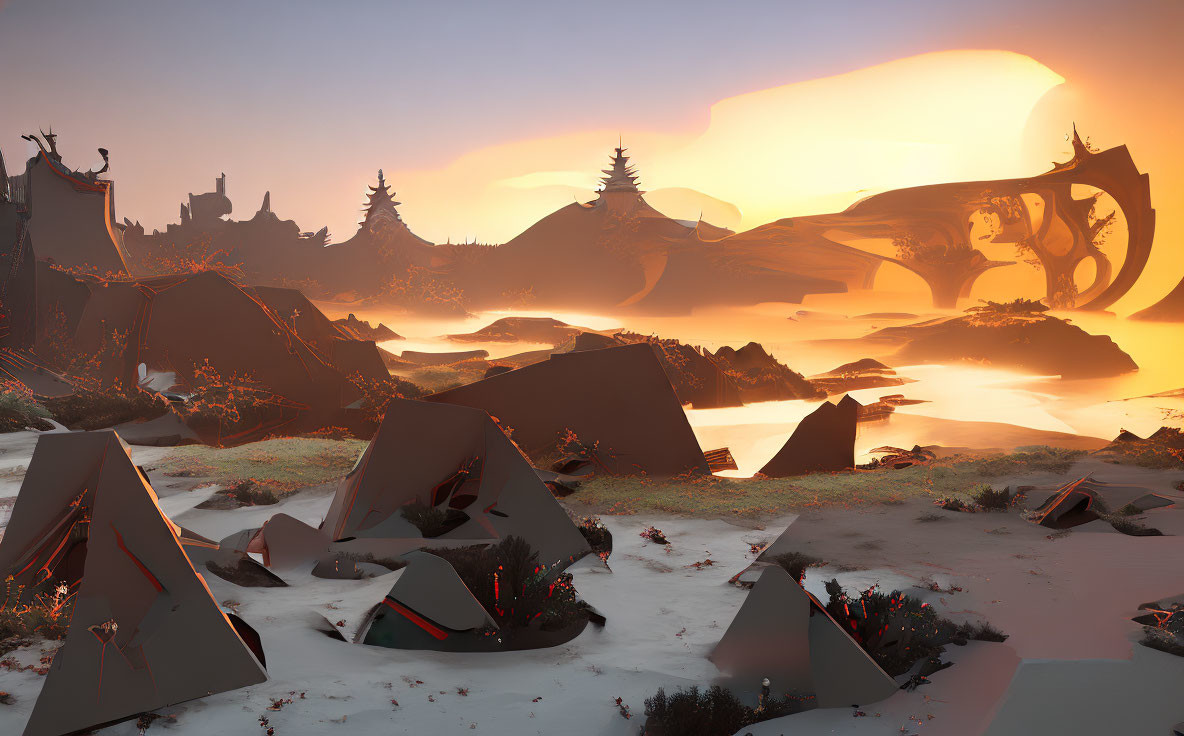 Ethereal snowy landscape with glowing sky and rock formations