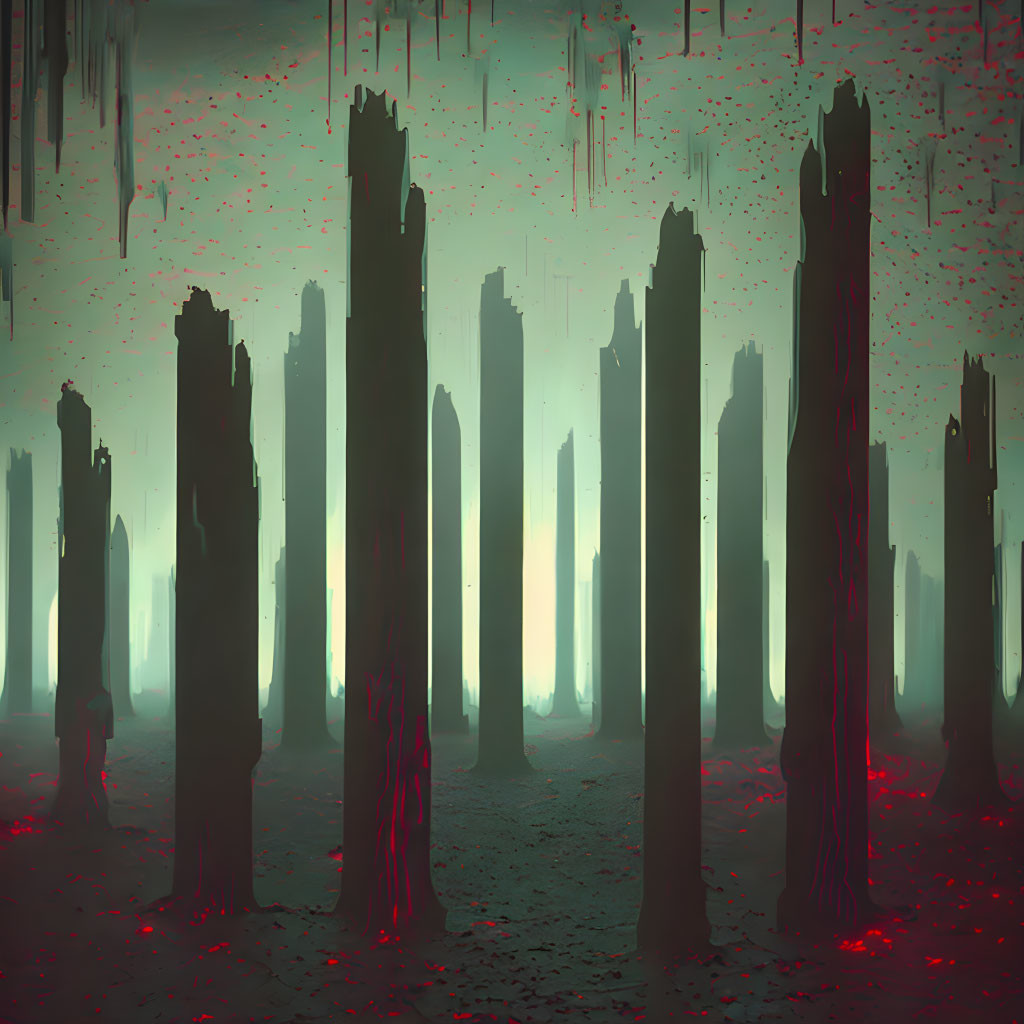 Mysterious forest with tall, narrow trees and red markings under a green haze