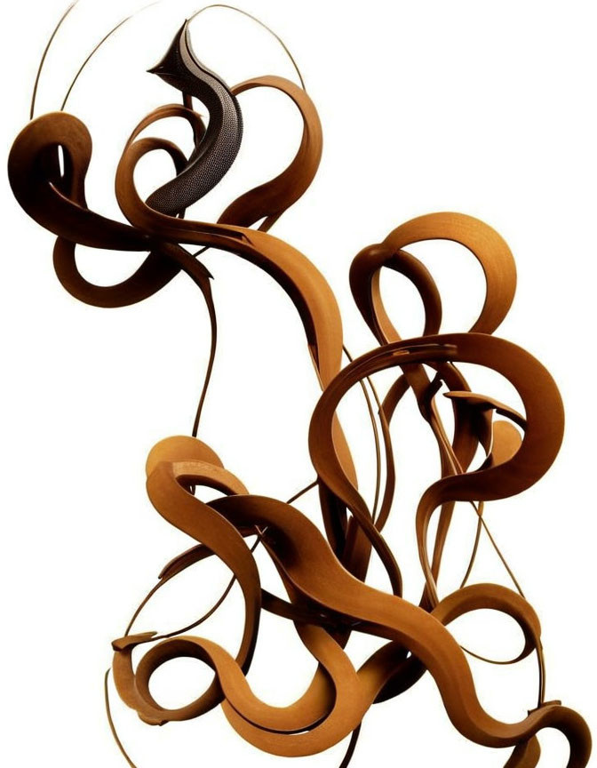 Brown Swirling Ribbon Sculpture on White Background