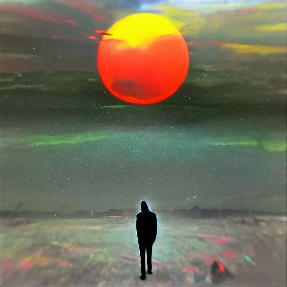 Person's silhouette against surreal landscape with large red sun and green-tinted sky.