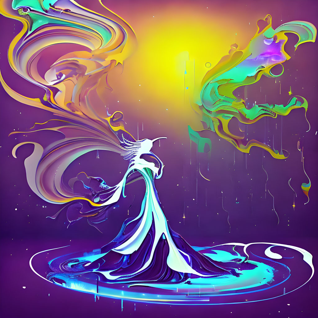 Vivid Abstract Illustration: Figure in Flowing Robes with Swirling Patterns