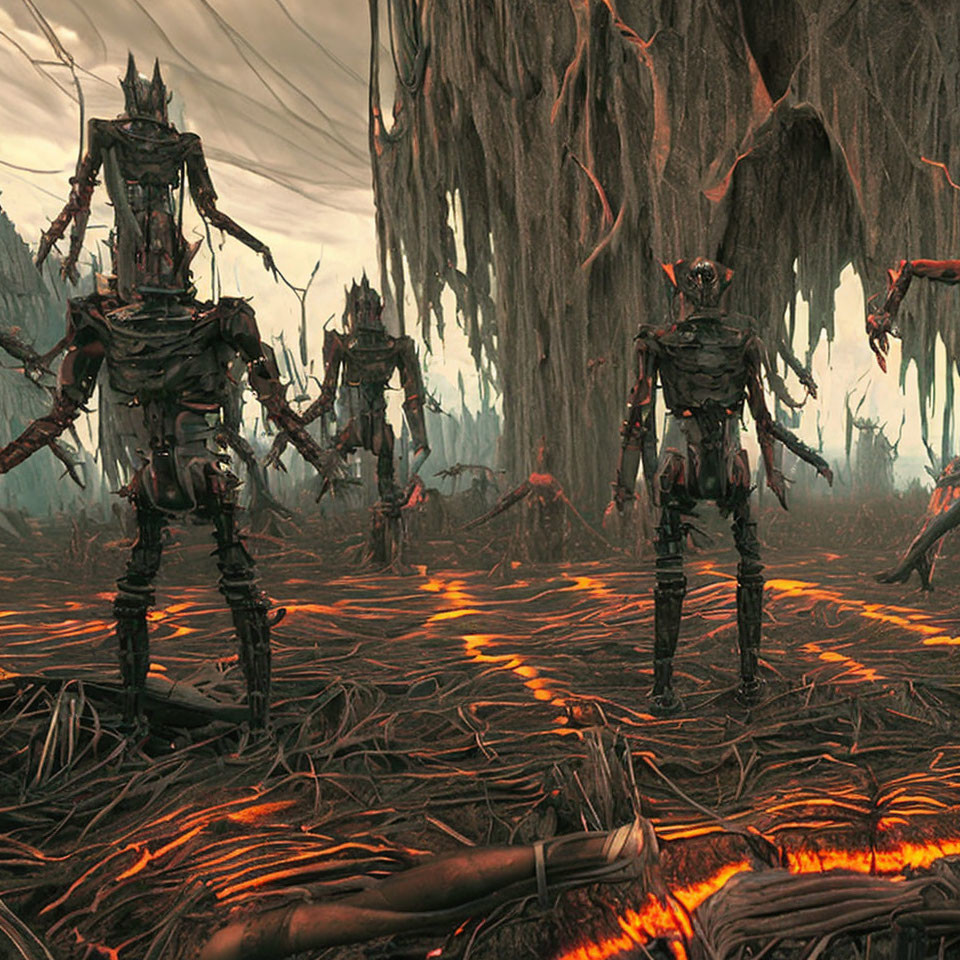 Skeletal robot figures in fiery, desolate landscape with barren trees