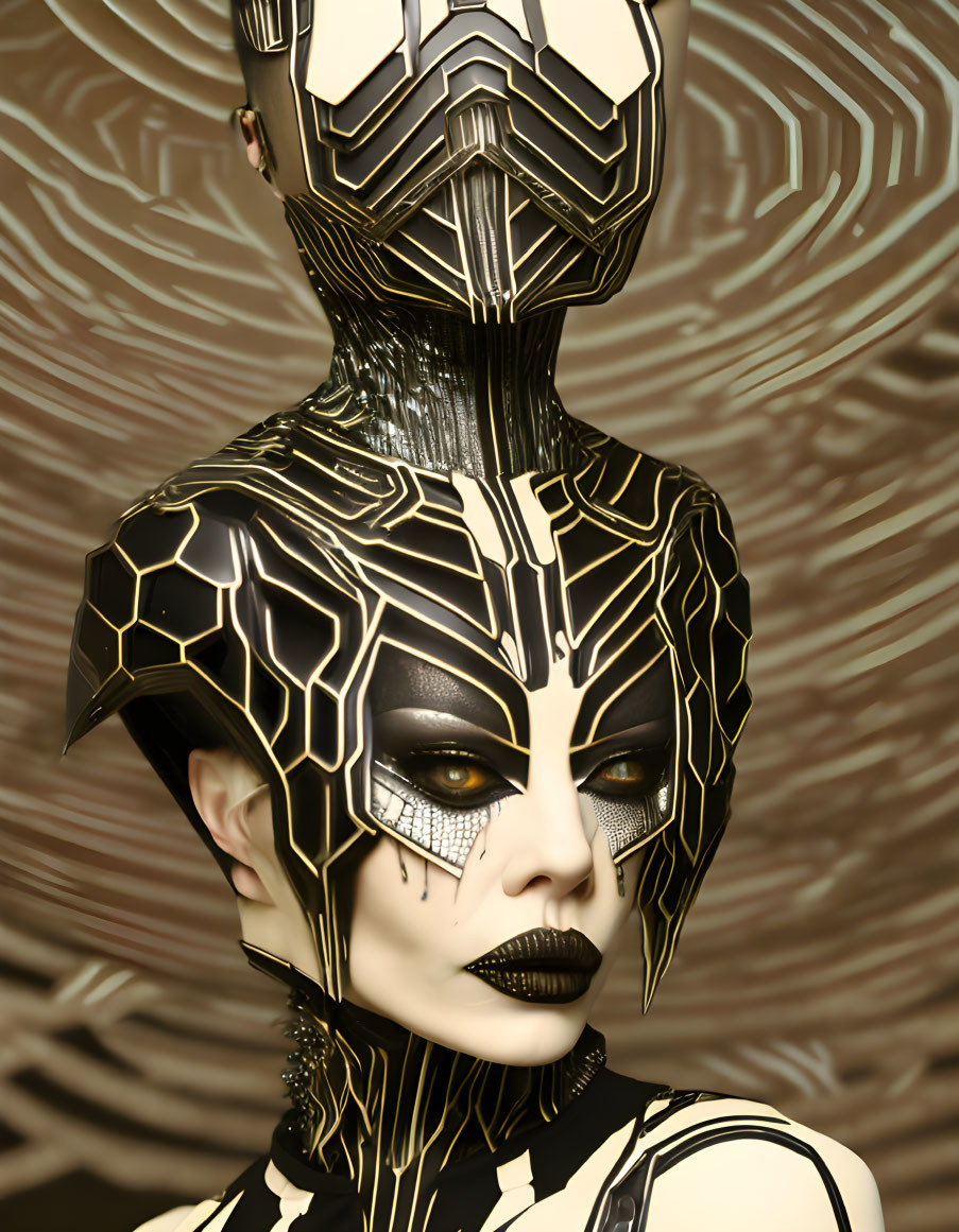 Elaborate Black and Gold Headpiece with Futuristic Makeup on Swirled Background