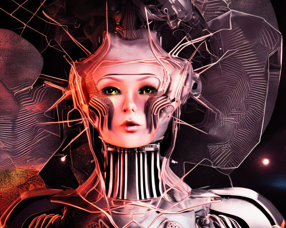 Detailed Female Android Artwork with Circuitry and Futuristic Background