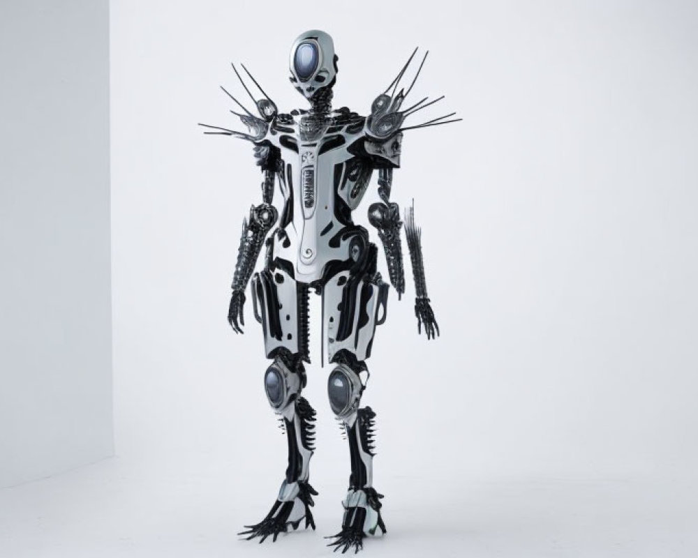 Sleek humanoid robot with intricate metallic body in futuristic white room