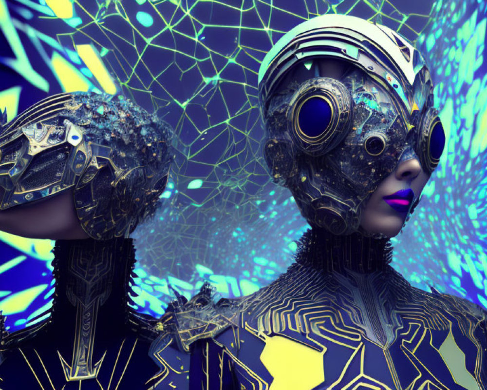 Futuristic humanoid figures with cybernetic headgear in neon-lit setting