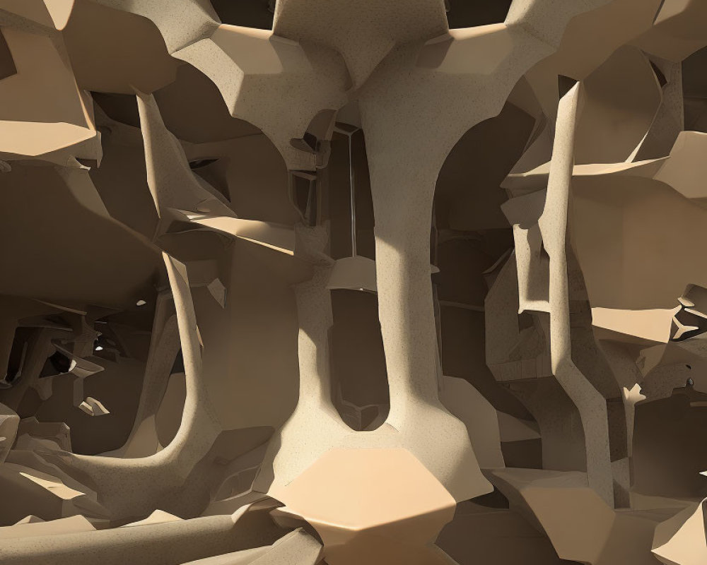 Intricate 3D Fractal Cave Pattern in Beige and Brown