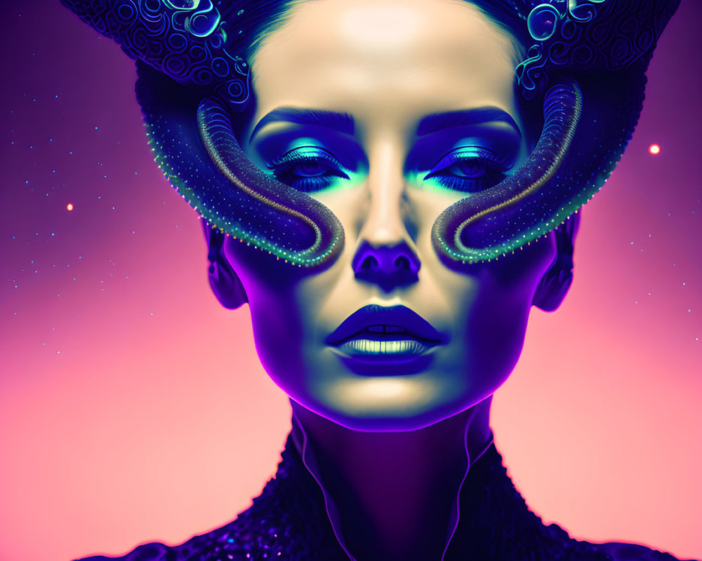 Colorful digital artwork featuring woman with futuristic ram-horn-like headwear on neon backdrop