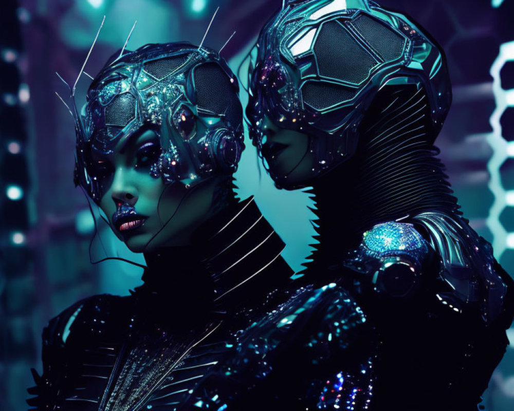 Futuristic black armored costumes with honeycomb patterns on helmets, set against a sci-fi background.