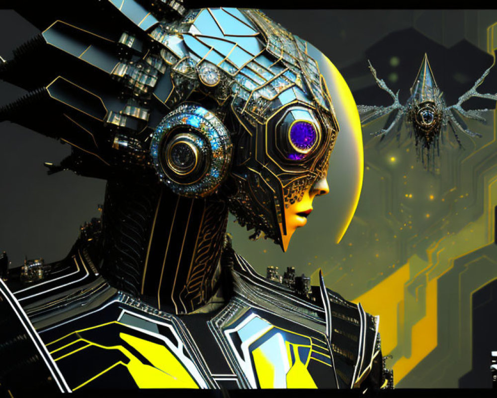 Futuristic female cyborg with glowing yellow circuit patterns on dark background