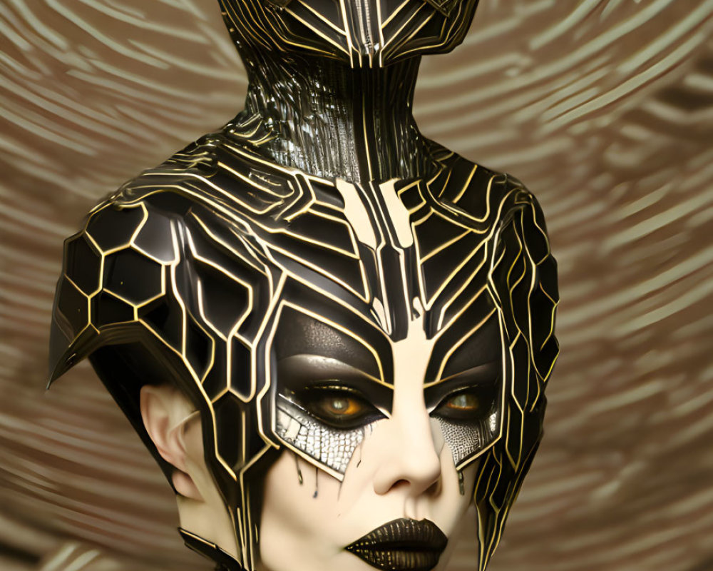 Elaborate Black and Gold Headpiece with Futuristic Makeup on Swirled Background