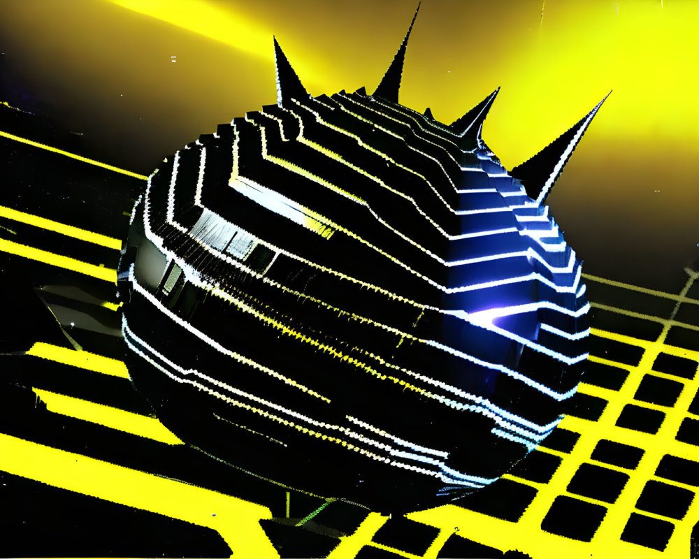 Futuristic spherical object with glowing blue stripes and spikes on yellow grid background