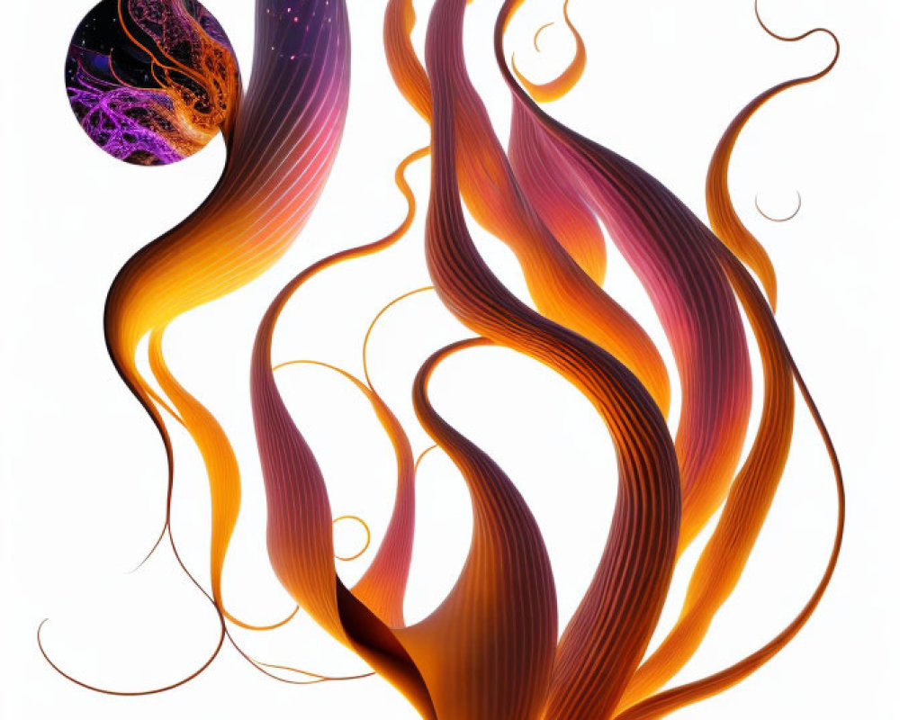 Dynamic Orange and Purple Abstract Digital Artwork with Celestial Patterns