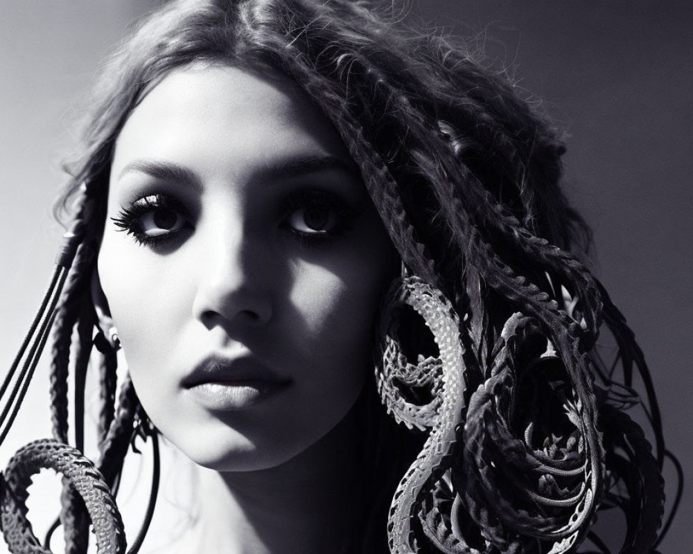 Monochrome close-up of young woman with braided hair and striking eyes.