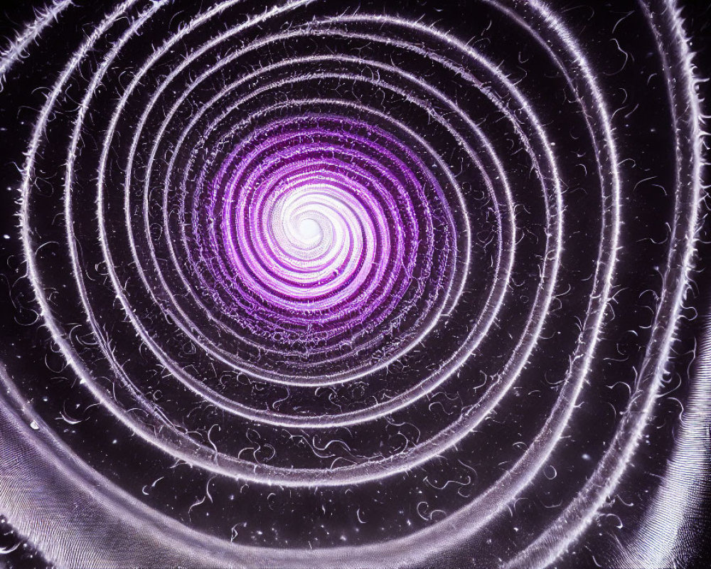 Purple Vortex with Concentric Circles on Black Background and Glowing White Particles