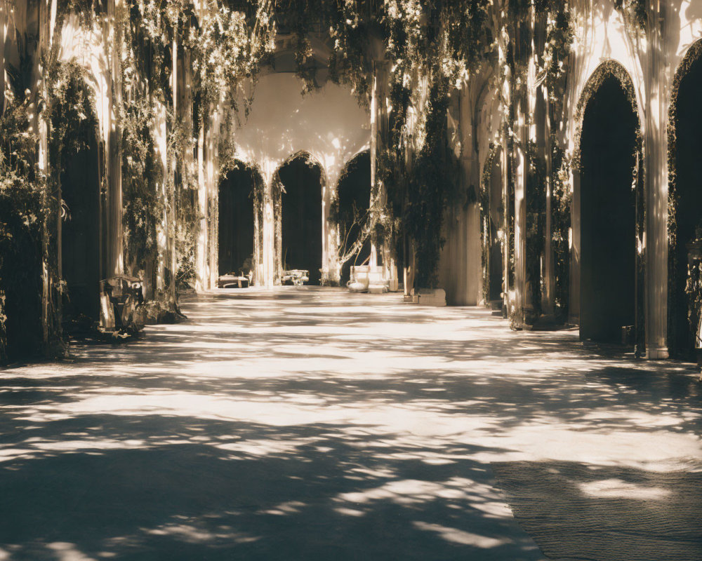 Sunlight filters through hanging vines in a serene corridor.