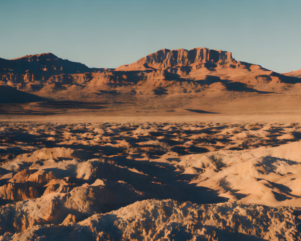 Arid Desert Landscape with Sandy Foreground and Mountain Plateau at Sunset