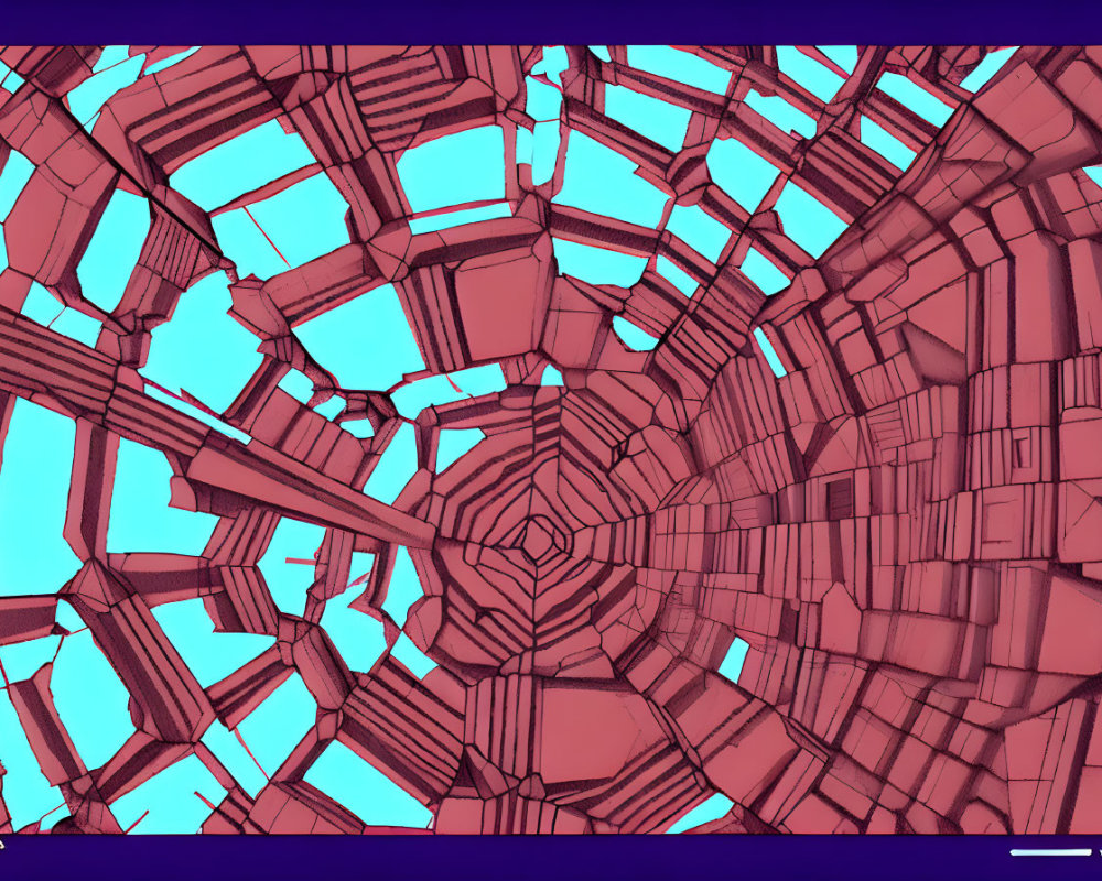 Fractal Tunnel of Red Geometric Shapes on Cyan Background