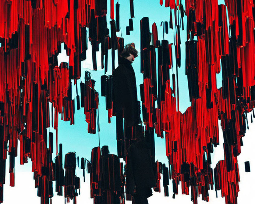 Man in Suit Amid Chaotic Red and Black Abstract Streaks