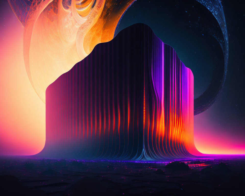 Colorful digital artwork: flowing ribbon on cosmic background