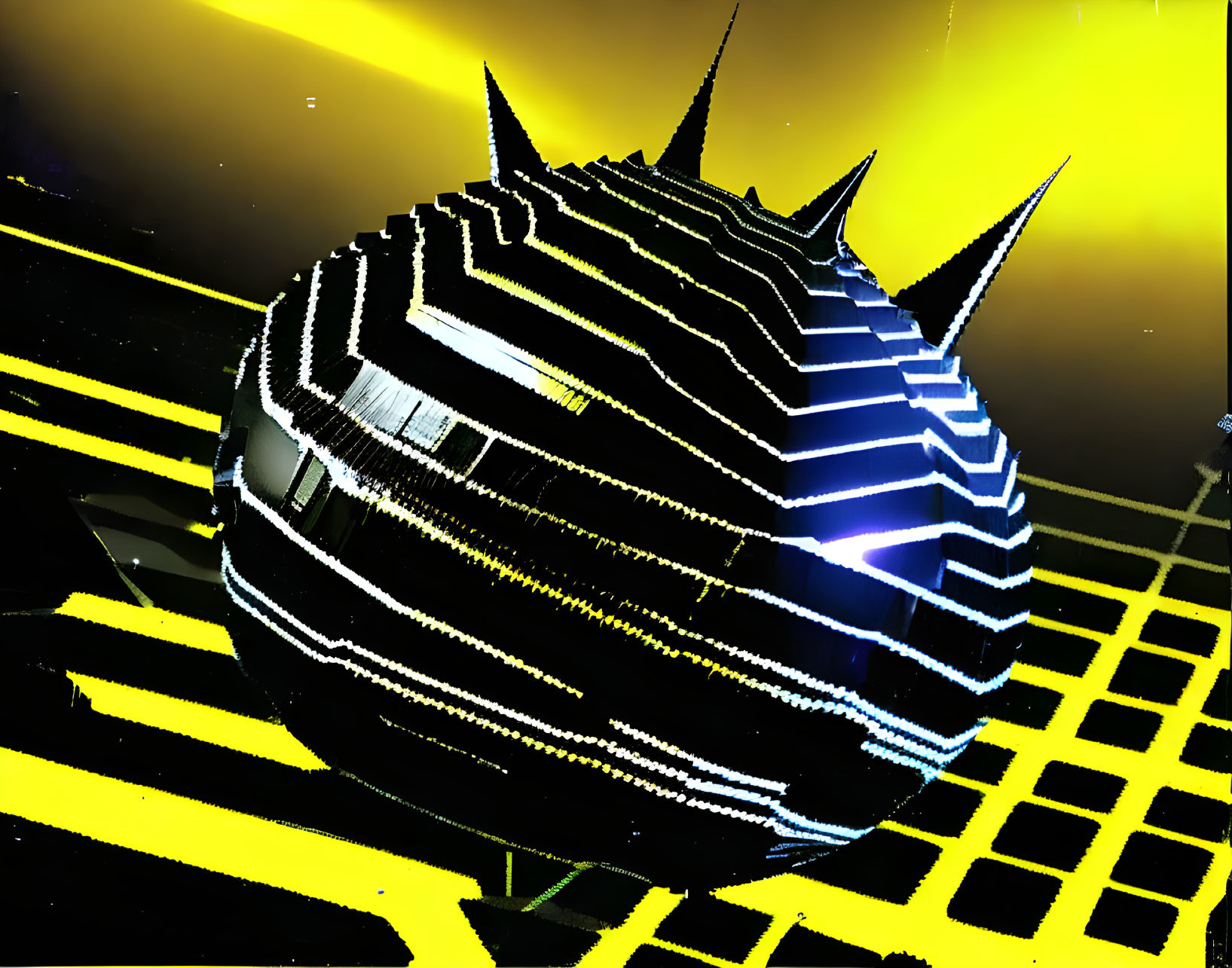 Futuristic spherical object with glowing blue stripes and spikes on yellow grid background