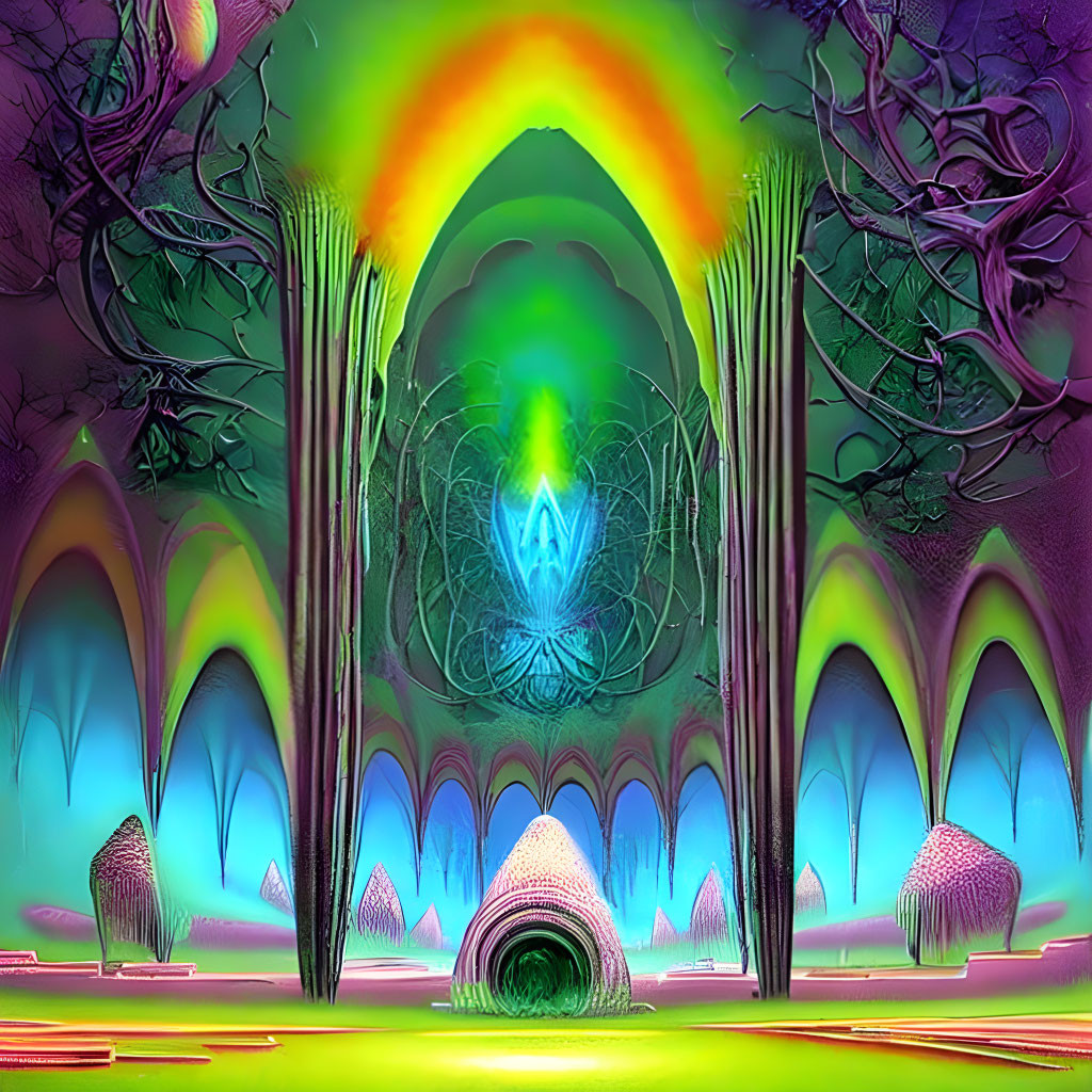 Symmetrical psychedelic landscape with neon trees and glowing orb