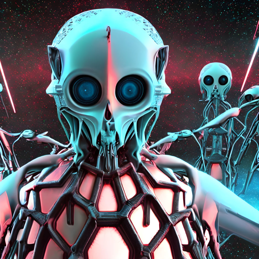 Futuristic robotic skulls with glowing blue eyes on neon-lit starry background