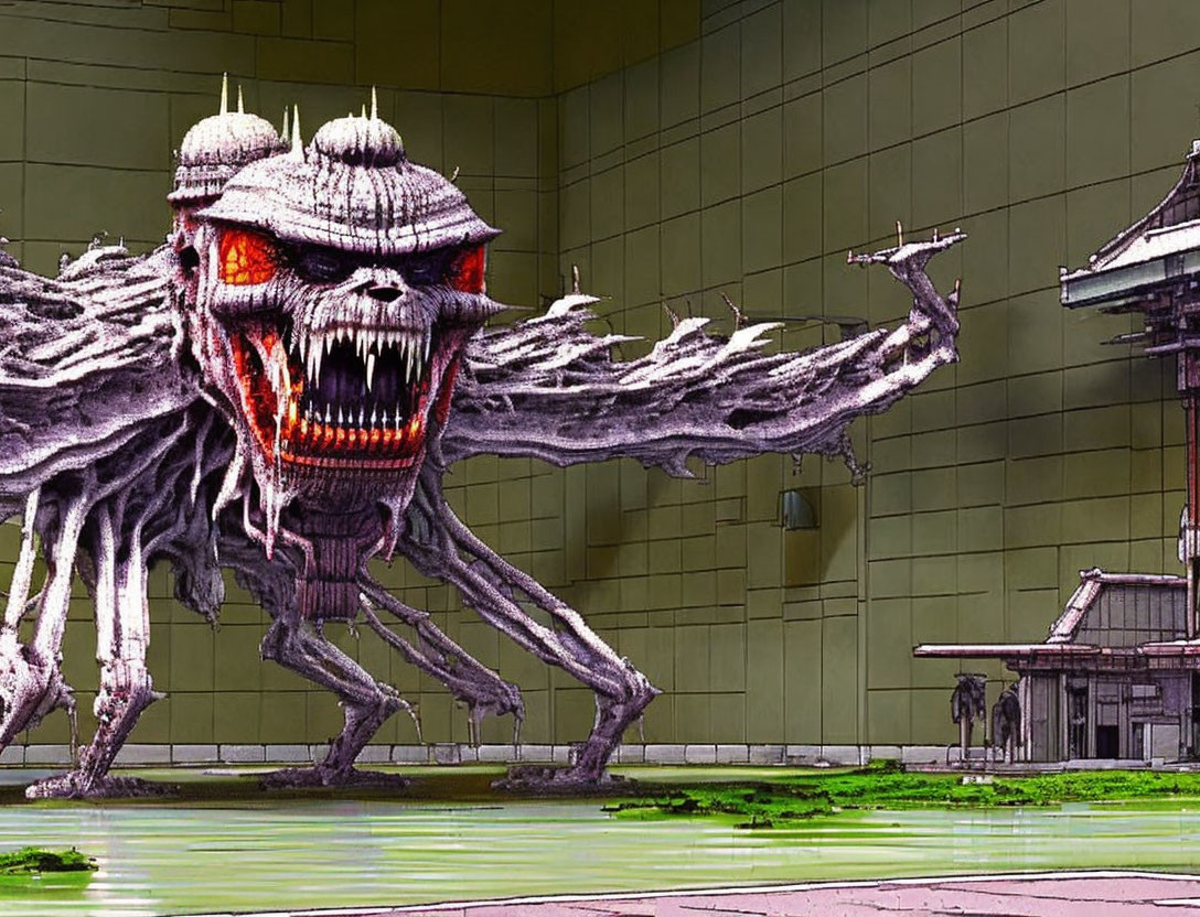 Skeletal creature with sharp teeth and red eyes against Japanese-style architecture