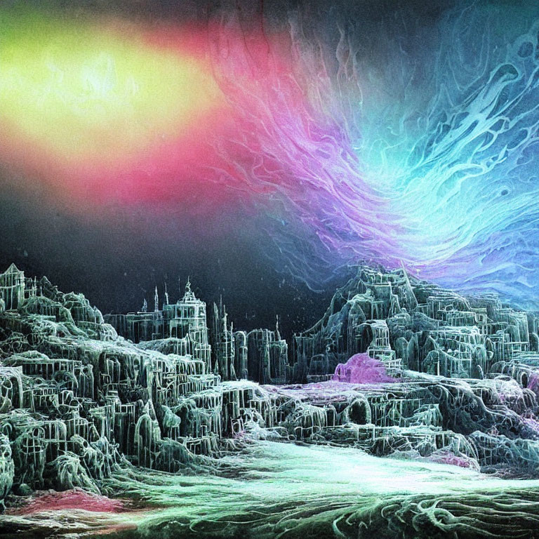 Ethereal landscape with crystalline structures under vibrant swirling sky