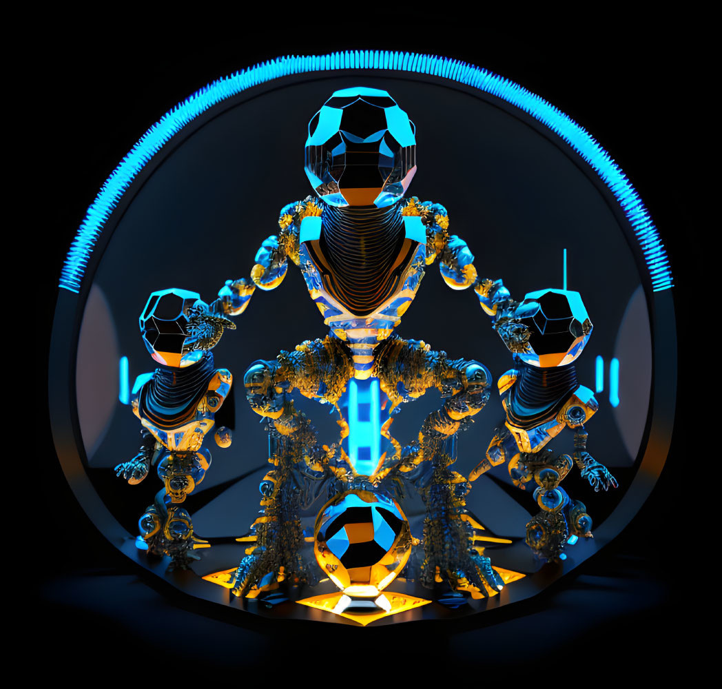 Symmetrical digital art: robotic figures with soccer ball heads, glowing blue elements, intricate mechanical bodies in