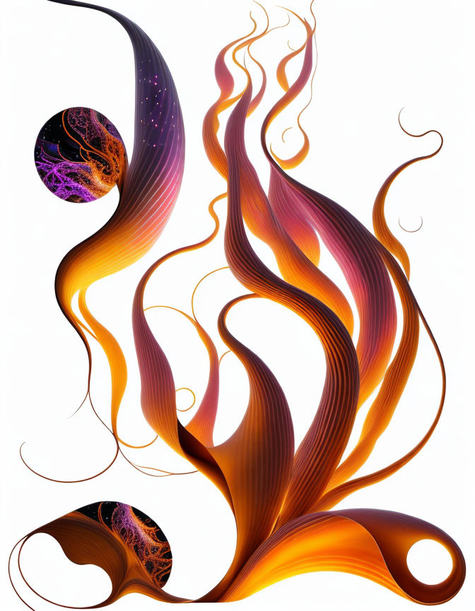 Dynamic Orange and Purple Abstract Digital Artwork with Celestial Patterns