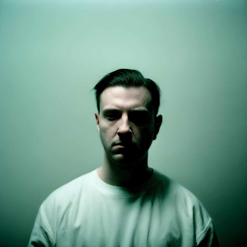 Dark-Haired Man in Plain White T-Shirt Against Greenish Background