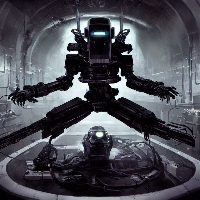 Detailed Illustration: Menacing Multi-Armed Robot in Futuristic Industrial Setting