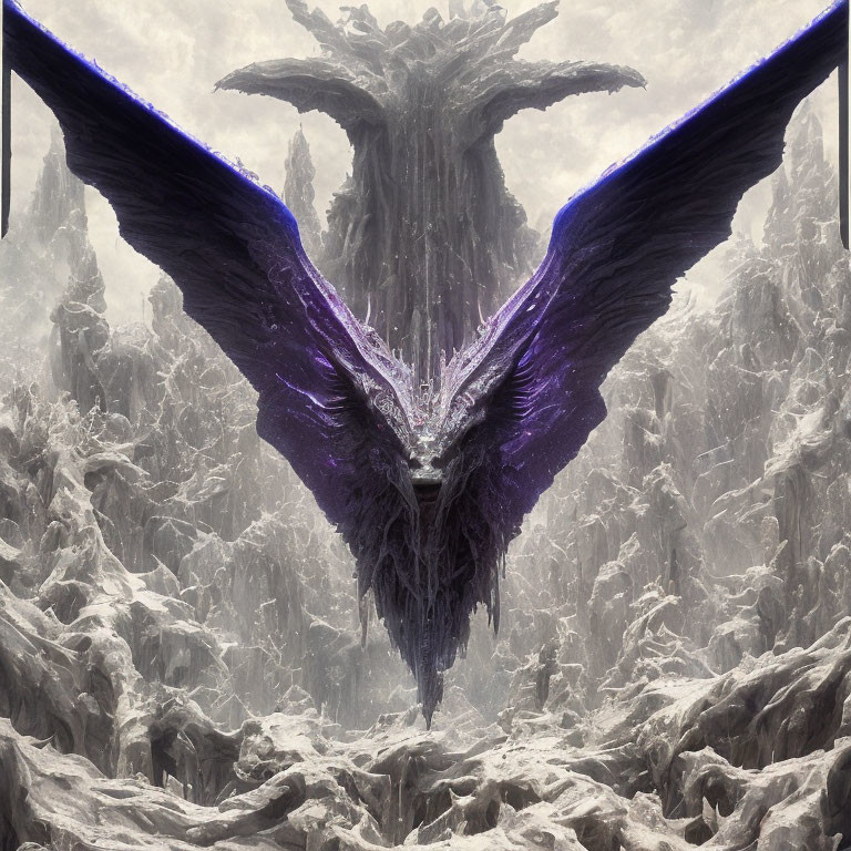 Majestic purple dragon with expansive wings in frost-covered landscape