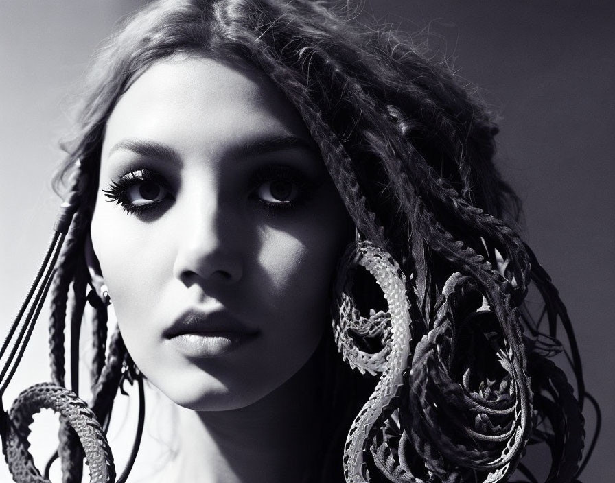 Monochrome close-up of young woman with braided hair and striking eyes.