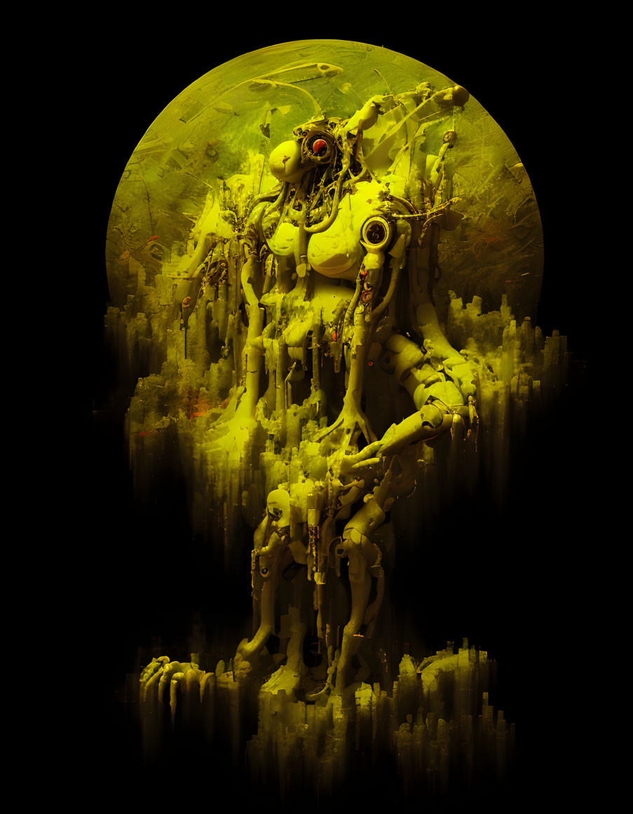 Yellow-toned surreal creature with multiple eyes and appendages in abstract digital art.