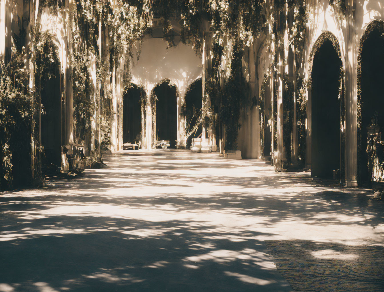 Sunlight filters through hanging vines in a serene corridor.